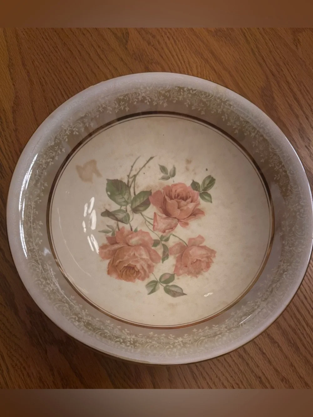 Vintage Dresden China Floral Serving Bowl Gold Rim Peach Roses Cottagecore Decor - Picture 2 of 7